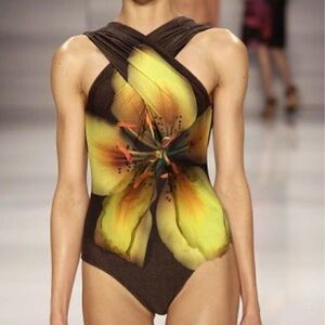 Brown One-Piece Swimsuit with Yellow Floral Print